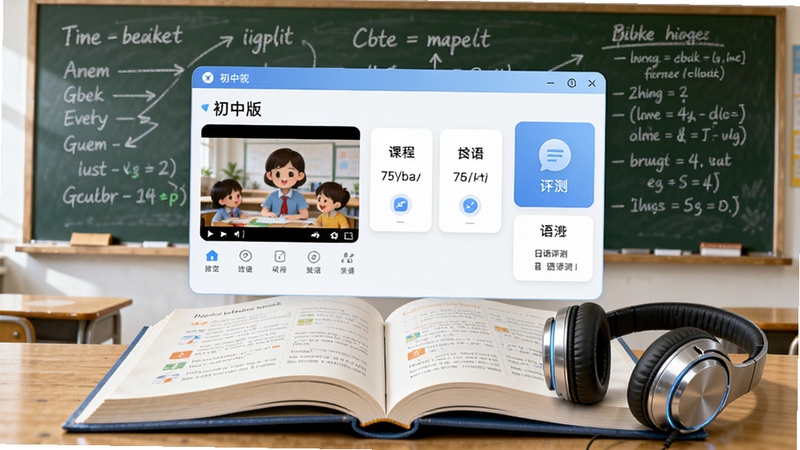 易精通视听英语学习软件(初中版)的完整界面预览图,画面中央为一本翻开的英语课本和耳机,背景是教室黑板,黑板上有英语单词和语法结构图,整体风格明亮清晰,教育科技感,软件界面悬浮在课本上方,展示视频课程、单词卡片和口语评测模块,画面协调,色彩柔和,适合教育软件宣传图