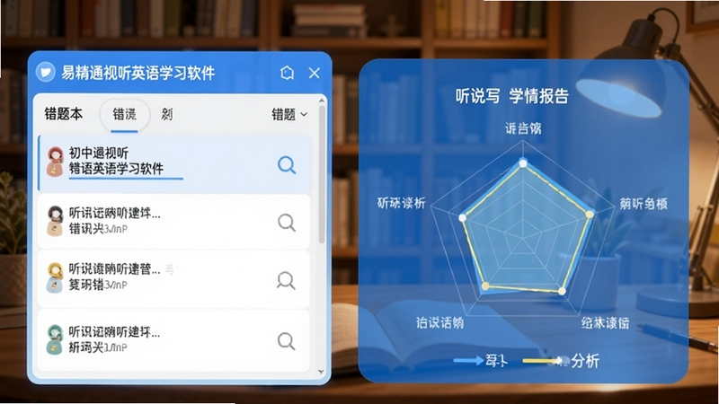 易精通视听英语学习软件(初中版)的错题本和学情报告界面,左侧显示错题列表,右侧展示雷达图形式的听说读写能力分析,背景是温馨的书房场景,界面以蓝色和白色为主色调,图表清晰,强调数据驱动学习