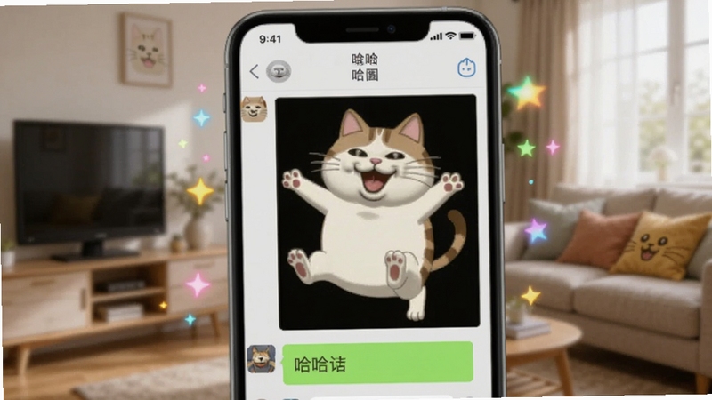 哈咪猫表情包在微信聊天界面中的使用效果图,画面展示一部手机屏幕,微信对话框内发送了一个大大的哈咪猫开心跳跃的动态GIF,手机周围有彩色光斑和星星特效,背景为模糊的客厅环境,整体氛围轻松愉悦,突出表情包在社交中的趣味性和感染力。