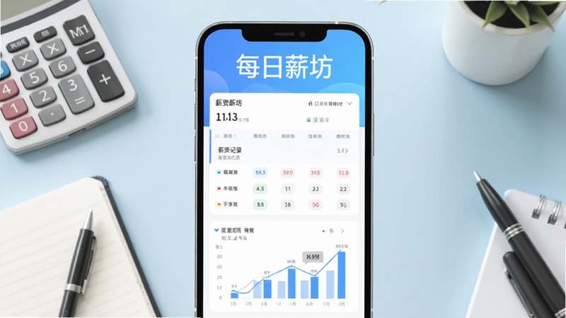 每日薪坊软件主界面预览图,展示清晰简洁的薪资记录列表与统计图表,背景为淡蓝色渐变办公桌面,手机屏幕居中显示,周围有计算器、笔记本等办公元素,画面明亮清爽,产品名称每日薪坊标注于屏幕上方,整体风格现代简约,适合应用商店宣传图