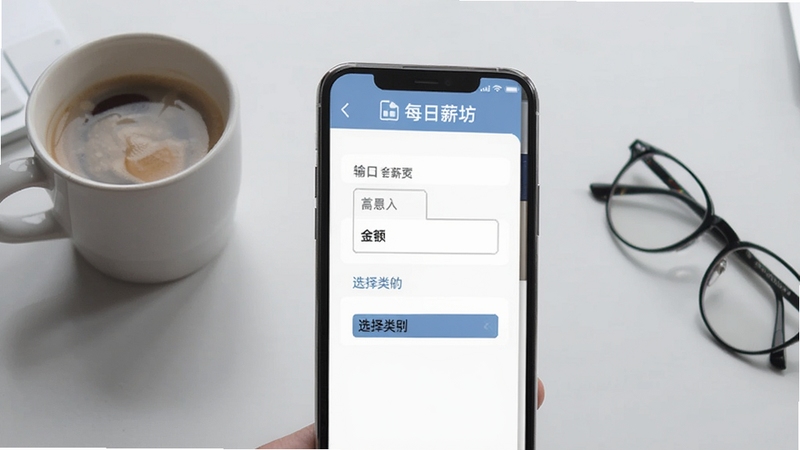 每日薪坊快速记薪操作界面截图,手机屏幕展示输入金额与选择类别的简洁表单,背景为浅灰色桌面,旁边放有咖啡杯和眼镜,强调高效便捷的记薪流程,产品名称每日薪坊在界面顶部显示,整体色调柔和,适合教程配图