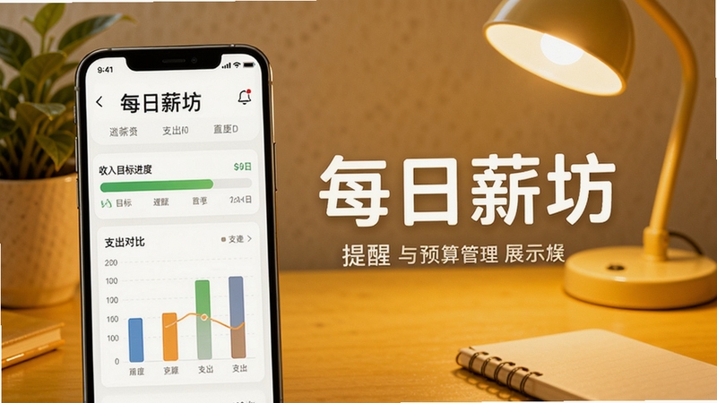 每日薪坊薪资提醒与预算管理功能展示图,手机屏幕显示收入目标进度条与支出对比图表,背景为暖黄色书桌,有绿植和台灯点缀,产品名称每日薪坊在界面中显著展示,整体氛围温馨实用,适合功能介绍场景