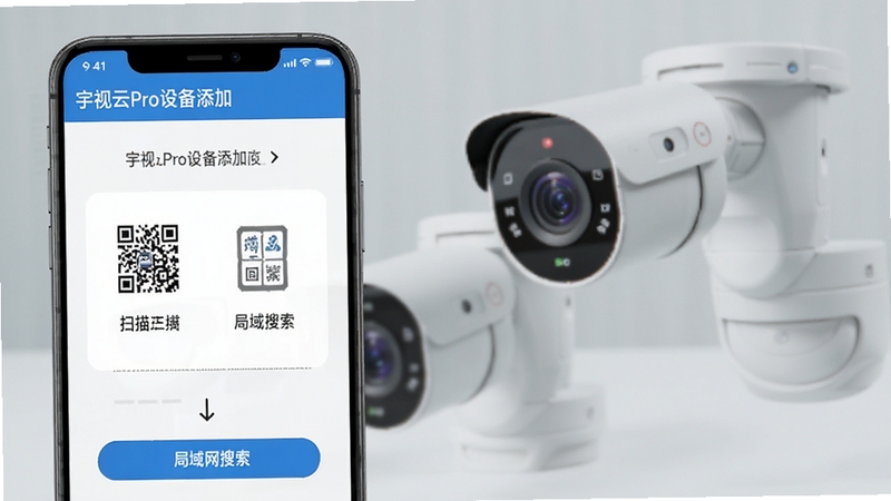 宇视云Pro设备添加页面,展示扫描二维码与局域网搜索两种方式,画面以手机界面为前景,背景为模糊的摄像头实物,突出添加流程的便捷,博古模型生成