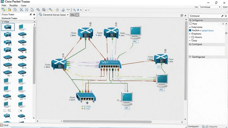 一张展示Cisco Packet Tracer软件主界面的高清截图,画面中央是网络拓扑设计画布,画布上摆放着多台思科路由器、交换机和终端PC,设备间用彩色网线连接,左侧是设备类型选择栏,右侧是配置面板,整体界面简洁明亮,具有现代软件UI设计感,背景为浅灰色工作区,适合作为软件下载页的官方宣传图
