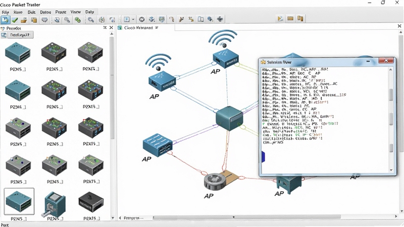 一张Cisco Packet Tracer软件操作界面的截图,画面左侧是分门别类的设备库,中间是正在搭建的包含无线AC和AP的园区网拓扑,右侧弹出命令行配置窗口,显示正在输入交换机配置命令,整体界面色彩丰富,设备图标立体感强,背景为白色,清晰展示软件功能布局