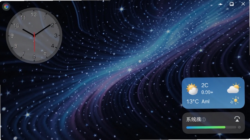 酷贝桌面动态壁纸与小组件效果图,画面背景为动态的星空流动壁纸,桌面左上角放置半透明圆形时钟组件,右下角有天气卡片和系统性能监控条,整体视觉效果炫酷且富有科技感,展示软件个性化定制能力。