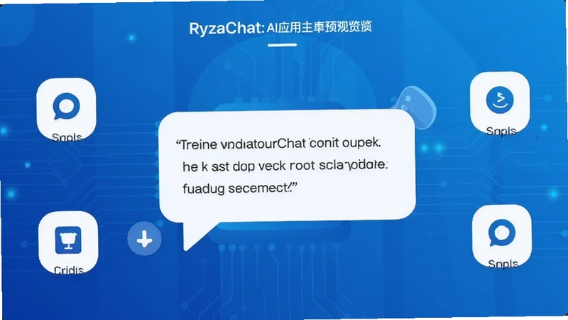 RyzaChat:AI应用主界面预览图,展示智能对话功能,背景为现代科技感蓝色渐变,界面简洁明亮,中央是对话气泡,周围有功能图标,整体风格清新专业