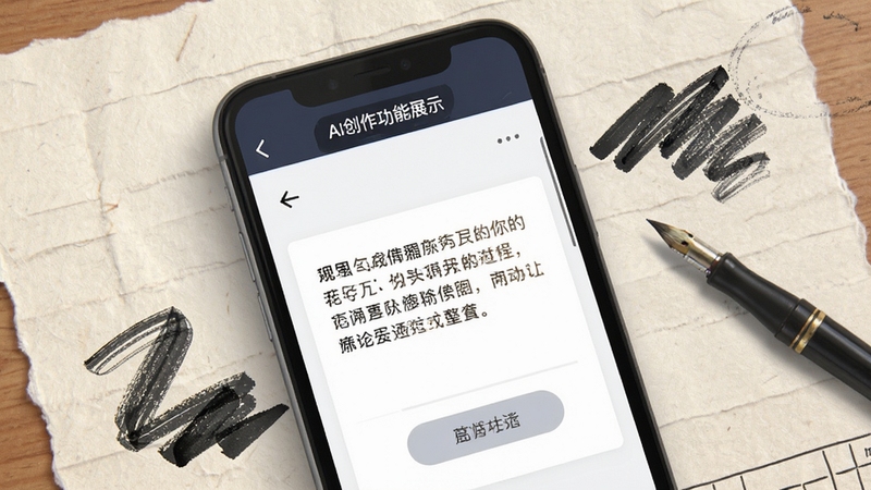 RyzaChat:AI创作功能展示图,展示手机界面上的文案生成过程,背景有纸张纹理和笔触元素,体现创作氛围