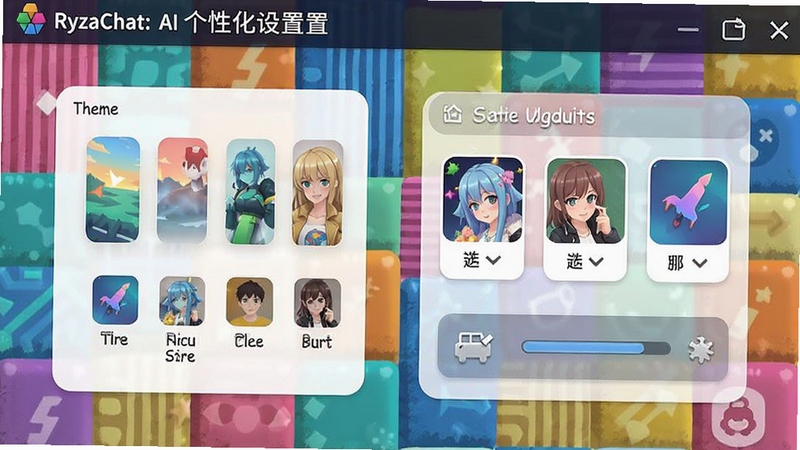 RyzaChat:AI个性化设置界面截图,展示主题切换和风格选择选项,背景为多彩色块,体现个性化定制特点
