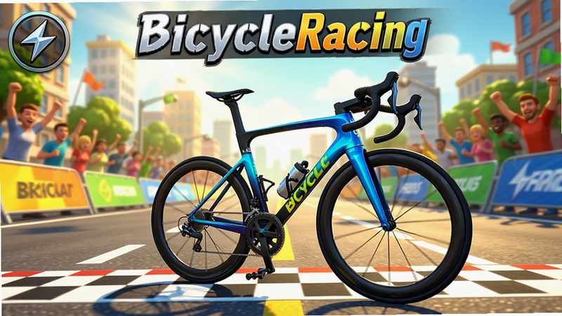 BicycleRacing游戏主界面预览图,展示一辆炫酷的公路赛车停在起跑线上,背景是阳光明媚的城市赛道和欢呼的人群,画面明亮,色彩鲜艳,3D渲染风格,细节丰富,突出游戏名称BicycleRacing