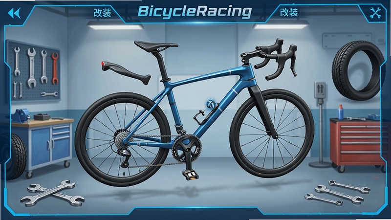 BicycleRacing游戏改装界面,展示一辆自行车的零部件分解图,背景是维修站,有扳手、轮胎等工具,界面简洁,蓝色科技感设计,突出改装系统