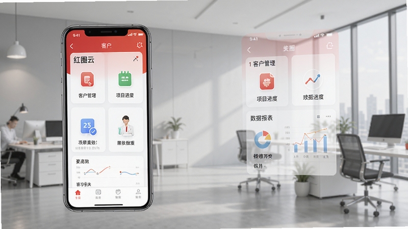 红圈云整体界面预览图,画面主体为手机端红圈云应用主屏幕,展示客户管理、项目进度、数据报表等核心模块图标,背景为现代商务办公场景,浅灰色调,界面简洁大方,突出软件专业与高效