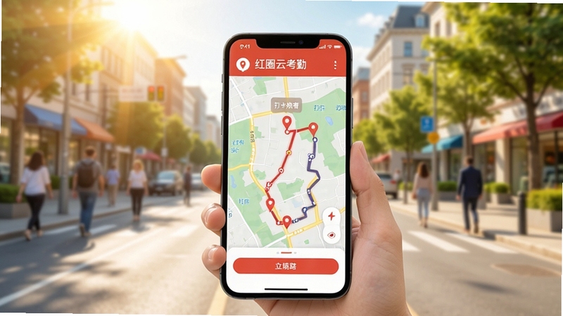 红圈云考勤外勤功能预览图,画面展示手机地图定位界面,显示打卡点与轨迹线路,背景为户外街道场景,阳光明媚,色调明亮,突出移动办公的便捷性
