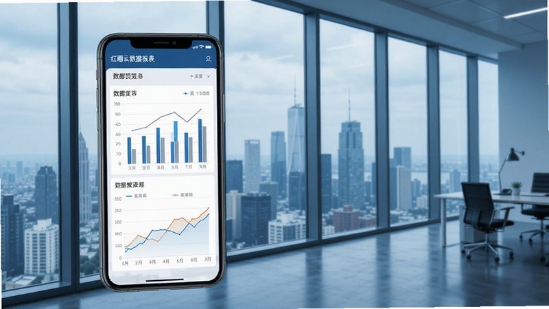 红圈云数据报表功能预览图,画面主体为手机屏幕显示柱状图、折线图等数据看板,背景为高层办公室窗外城市景观,色调偏冷,突出数据清晰与专业感