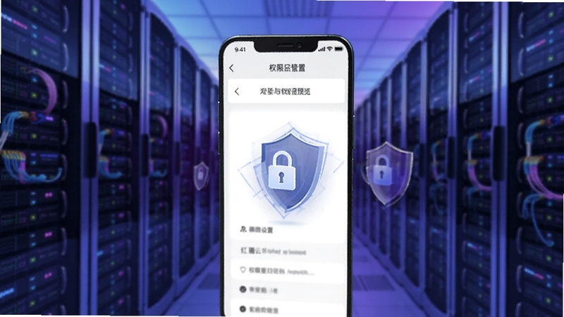 红圈云安全与权限管控预览图,画面为手机界面显示权限设置菜单与加密锁图标,背景为服务器机房,蓝紫色调,体现数据安全与防护能力