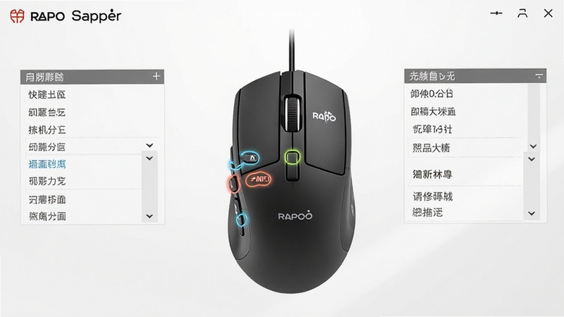 一张展示RAPOO雷柏系列鼠标驱动自定义按键功能界面的图片,画面中鼠标的各个按键被高亮标记,旁边有功能选择下拉菜单,背景是明亮的浅灰色调,风格清晰易懂。