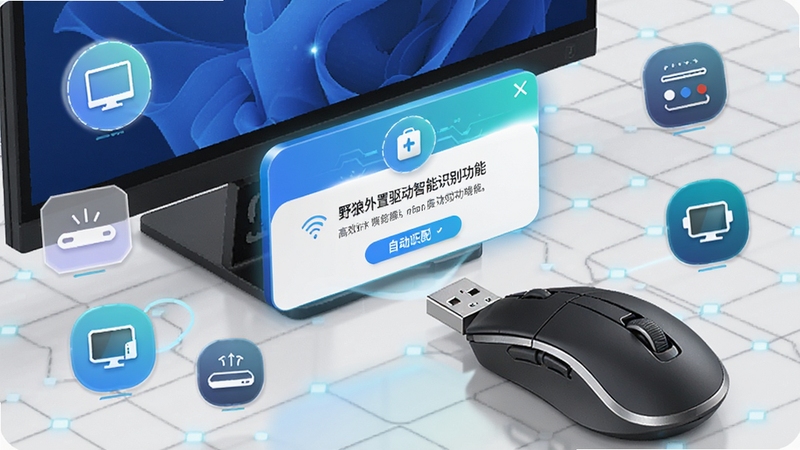 野狼外置驱动智能识别功能展示,画面中显示一个USB接口插入鼠标的瞬间,屏幕上弹出驱动自动匹配的提示框,周围环绕各种外设图标,背景为浅灰色科技网格,色调明亮,突出自动识别的高效与便捷