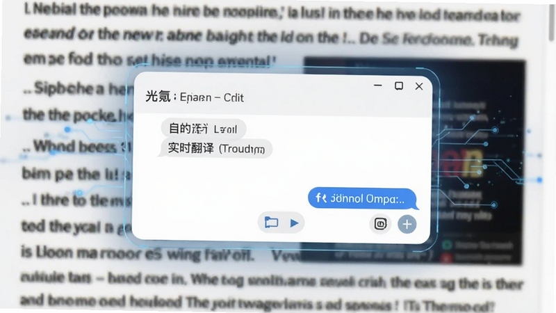 光氪实时翻译主界面预览图,画面中央是简洁的翻译对话框,背景为模糊的英文新闻截图,整体风格现代且科技感强。
