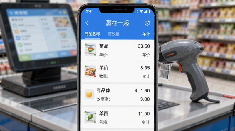 赢在一起App智能收银功能界面截图风格预览图,画面展示安卓手机上的收银订单列表,包含商品名称、单价、数量和合计金额,背景有模糊的超市收银台和扫码枪,整体色调以蓝色和白色为主,突出交易数据的清晰与高效