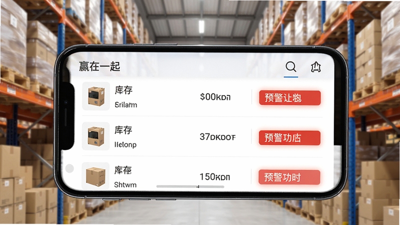 赢在一起App库存管理界面预览图,画面展示手机屏幕上的库存列表,有商品缩略图、库存数量和预警标红提示,背景是整齐的仓库货架,光线明亮,风格写实,强调库存数据的实时性和准确性