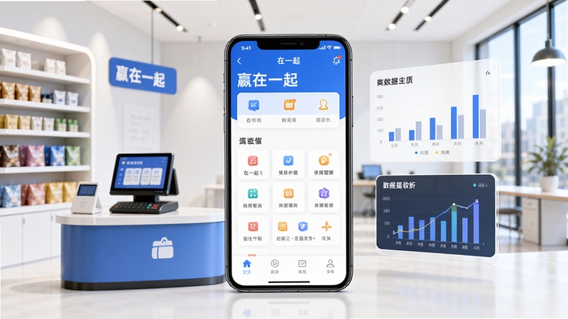 赢在一起门店通管理软件全貌预览图,画面中央是一部智能手机屏幕显示赢在一起App主界面,周围环绕简约的店铺收银台、货架和数据分析图表,背景为明亮的现代商业办公环境,整体风格清爽专业,突出移动端管理门店的核心场景