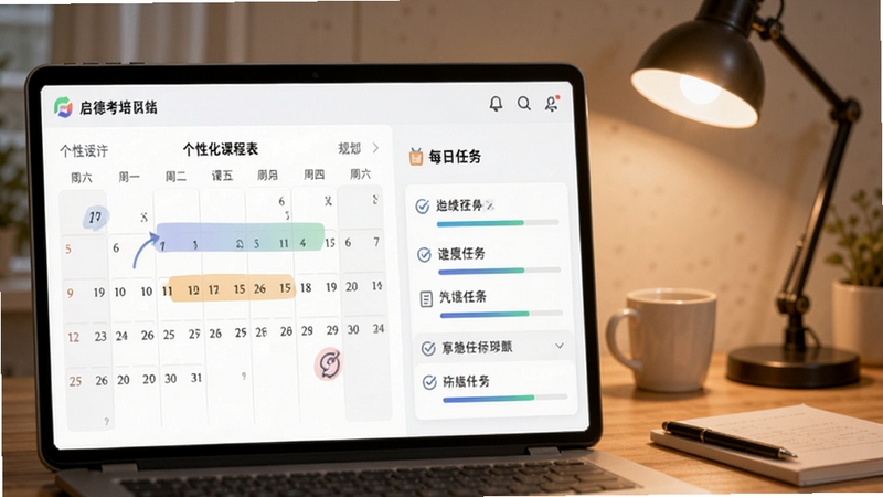 启德考培在线智能学习规划功能截图,展示个性化课程表与每日任务清单,界面有日历视图与进度条,背景为书桌和台灯,营造专注学习氛围,色彩柔和,突出计划性与目标感