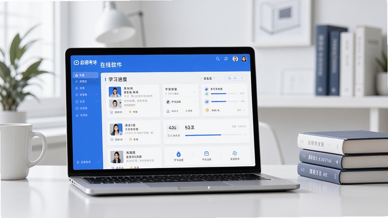 启德考培在线软件主界面预览图,展示课程列表与学习进度,界面以蓝色为主色调,背景为现代简约风格的学习场景,配以笔记本电脑和书籍元素,整体清晰明亮,突出在线教育平台的专业感