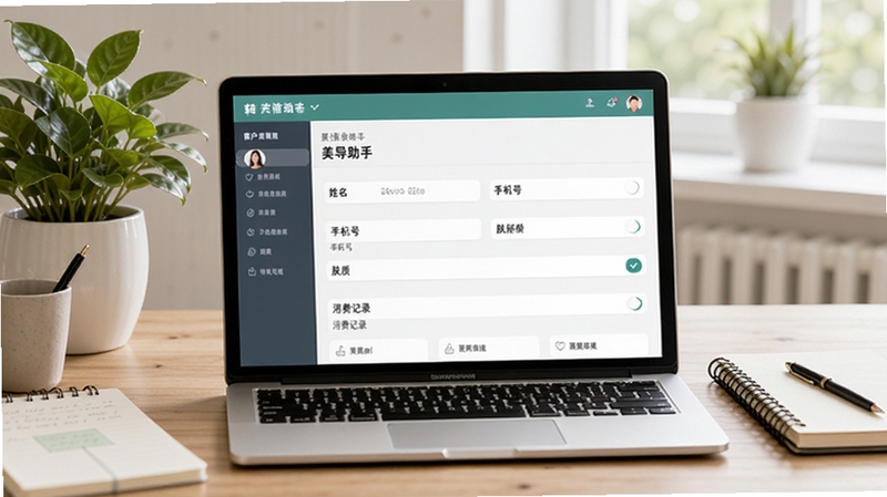 美导助手顾客信息管理界面预览图,显示顾客详细资料页面,包含姓名、手机号、肤质、消费记录等字段,界面简洁,背景为办公桌面,搭配绿植和记事本,色调清新自然,突显数据管理的便捷性