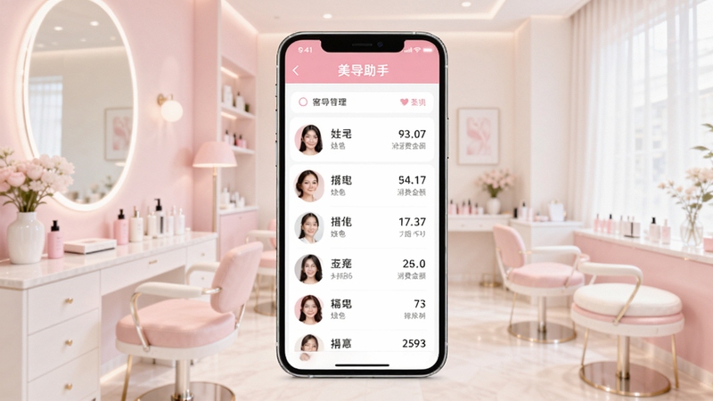 美导助手主界面展示图,画面中央为一部智能手机,屏幕显示美导助手的顾客管理列表,包含头像、姓名、消费金额等数据,背景为柔和的美容院环境,色调以粉色和白色为主,整体明亮清晰,突出软件的实用性与专业感