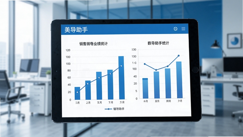 美导助手销售业绩统计图表预览图,画面为平板电脑展示美导助手的柱状图与折线图统计页面,背景为现代办公室,色调以蓝白为主,图表清晰醒目,体现数据分析的专业性