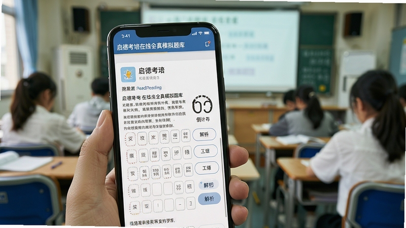 启德考培在线全真模拟题库界面展示,手机屏幕上显示雅思阅读题目与答题卡,右侧有倒计时和解析按钮,背景为考试场景,色调淡雅,突出练习的真实感与专业性