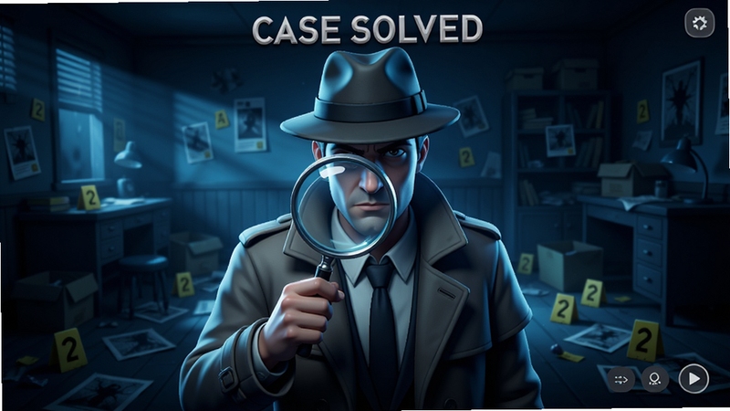 Case Solved游戏主界面预览图,画面中央是一名手持放大镜的侦探,背景是昏暗的犯罪现场房间,散落着证据标记,整体色调偏冷蓝,光影对比强烈,细节丰富,游戏UI风格现代简洁