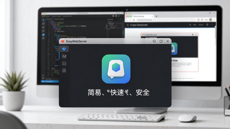 画面主体为EasyWebServer网站服务器软件主界面悬浮于现代简约的办公桌上,背景是模糊的电脑屏幕显示代码编辑器与浏览器预览窗口,整体风格明亮干净,突出软件图标与“简易、快速、安全”的文字标识,采用产品渲染图风格,细节清晰,色彩饱和度适中。