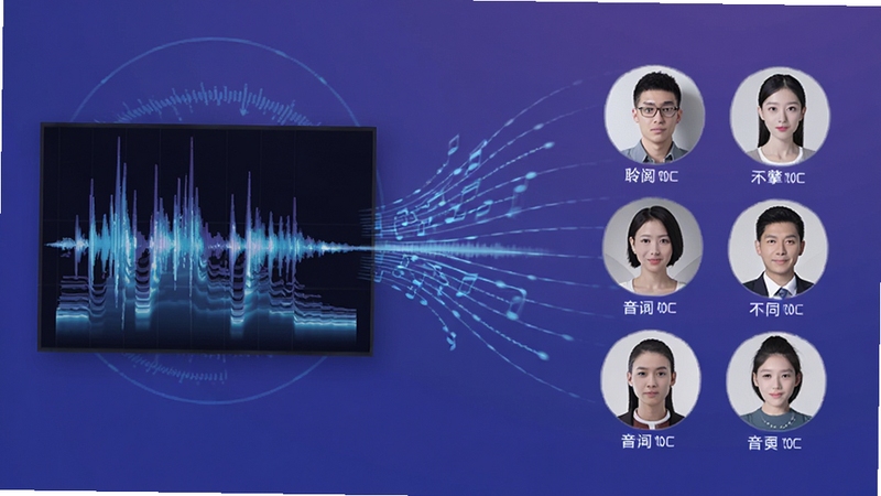 聆阅智能语音引擎示意图,画面左侧为声波频谱图,右侧为多个人物头像代表不同音色选项,背景采用渐变蓝紫色,以科技感线条勾勒出声音传播路径,突出AI智能朗读的多样性与逼真效果