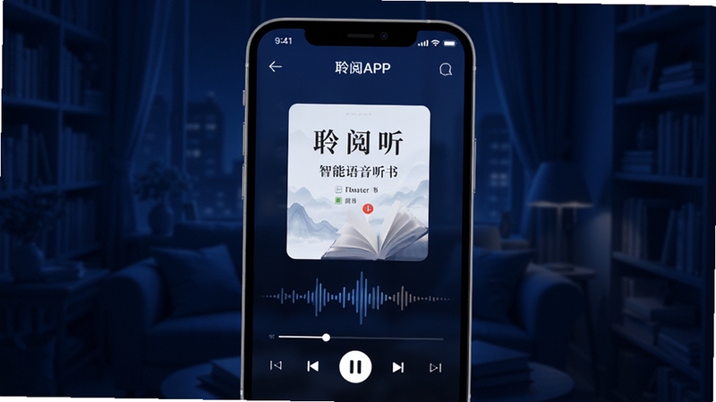 聆阅APP主界面预览图,画面中央展示正在播放的电子书封面与动态波形,背景为深蓝色调的沉浸式阅读环境,手机界面清晰可见播放控制按钮与章节列表,整体风格现代简约,突出智能语音听书的核心功能