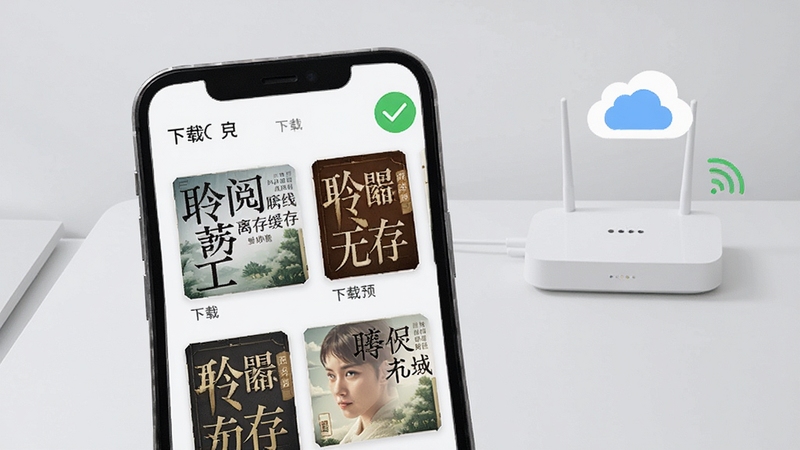 聆阅离线缓存功能预览,手机屏幕显示多本已下载的书籍封面,右上角有绿色对勾标识,背景为简约的浅灰色桌面,配有无线路由器与云朵图标,强调离线状态下依然可以享受听书服务的便利性