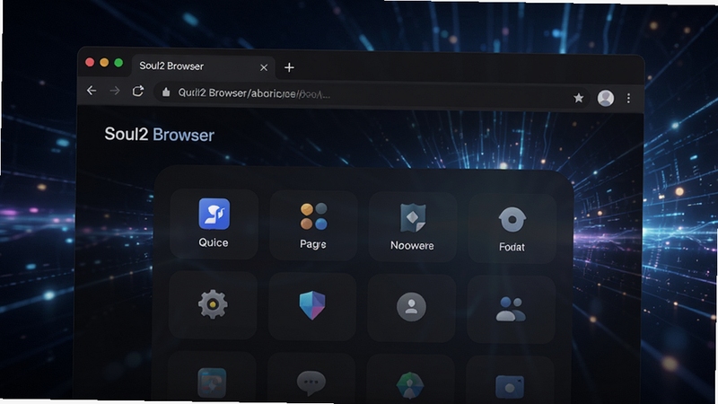 Soul2 Browser 主界面预览图,展示现代简洁的浏览器窗口,带有标签页、地址栏和快速拨号页面,深色主题,背景为抽象科技感的光效,整体风格专业且富有质感
