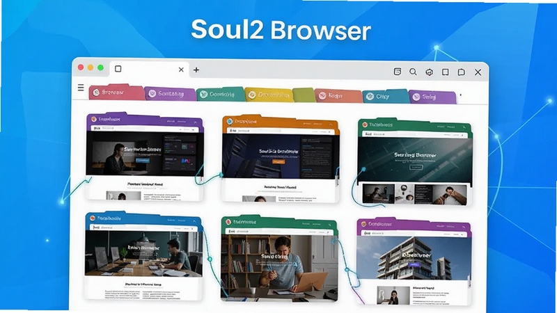 Soul2 Browser 多标签管理功能展示图,画面中浏览器窗口内排列着多个彩色标签页,每个标签页显示不同网页缩略图,背景为明亮的渐变蓝色调,突出高效管理特性