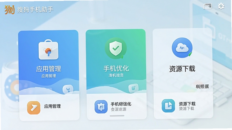 搜狗手机助手主界面截图,展示应用管理、手机优化、资源下载等核心功能模块,背景为现代简约风格,色调清新明亮,整体画面清晰,适合软件介绍预览图