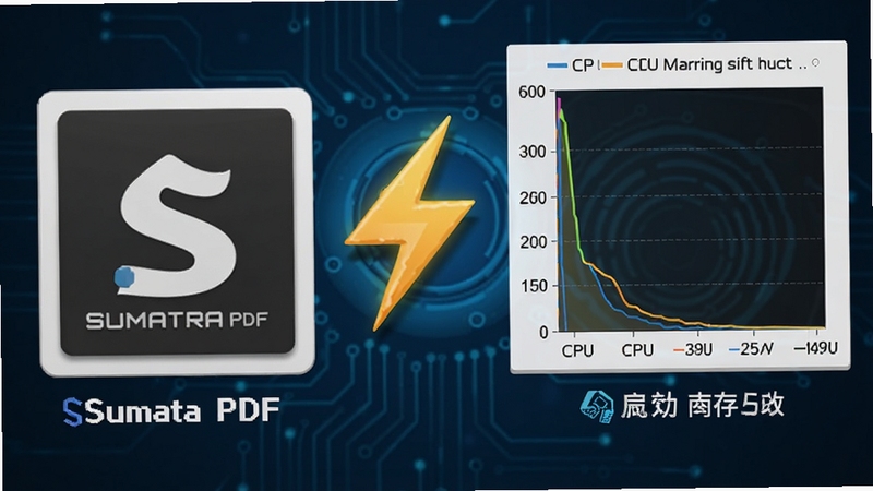 Sumatra PDF 性能对比图,左侧为Sumatra PDF图标,右侧显示CPU和内存占用率极低的图表,中间用闪电符号强调快速启动,背景为深蓝色科技感风格,突出轻量级和高效性能