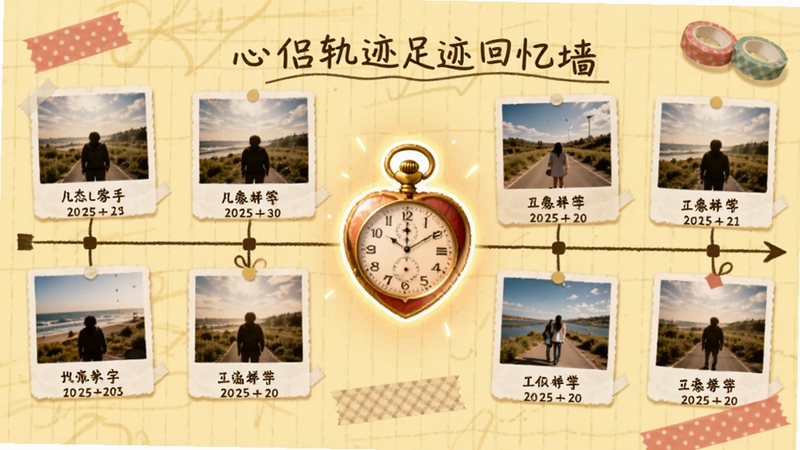 ���¹켣�㼣����ǽ���棬չʾһ����ʱ�������е�������Ƭ��ÿ����Ƭ�·���ע�ص����ƺ����ڣ�����Ϊ����ɫ���˷����ֽ�ͽ���װ�Σ��м両��һö����İ��Ļ��������������䣬����ɫ����ů����