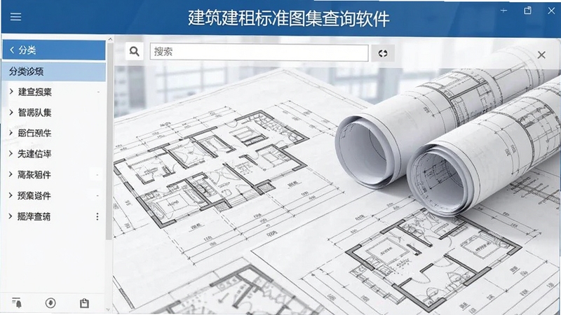 建筑工程标准图集查询软件主界面预览图,展示分类导航栏与搜索框,背景为建筑图纸与工程蓝图,整体风格专业简洁,软件名称清晰显示在界面顶部
