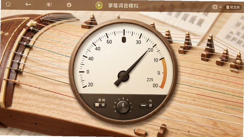 古筝调音模拟软件界面预览图,画面中央显示大型指针式调音仪表盘,背景为淡雅的木质古筝面板纹理,琴弦清晰可见,界面风格简约清新,整体色调以暖木色和米白色为主,突出专业、易用的感觉。