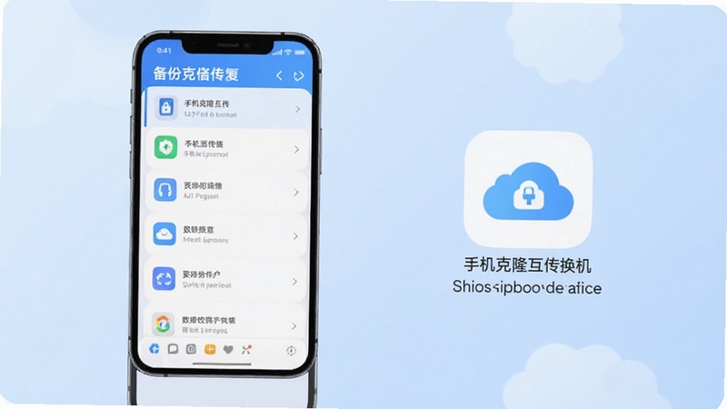 手机克隆互传换机备份恢复功能界面,手机屏幕显示备份列表与云端存储图标,背景柔和浅蓝,突出数据安全与便捷性