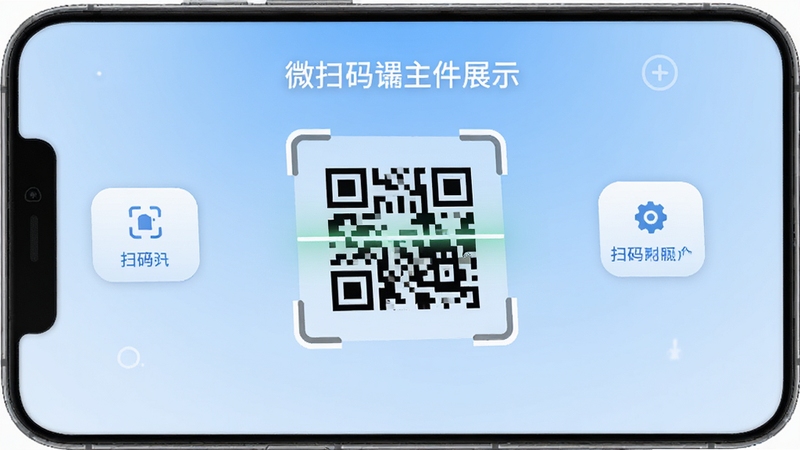 微扫码二维码主界面展示,手机屏幕中央显示扫描框,周围有功能按钮,背景为淡蓝色渐变色,整体风格简洁现代,突出软件名称与扫码核心功能,高清渲染图
