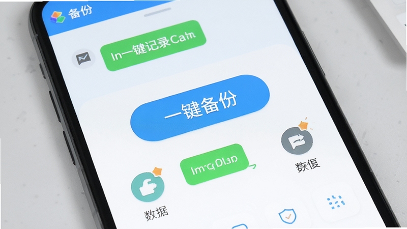 微记录一键备份快主界面预览图,展示软件在手机屏幕上运行的直观效果,背景为浅灰色桌面,中央是软件操作面板,上方有醒目的“一键备份”按钮,周围环绕着聊天记录备份、数据恢复等图标,整体风格简洁现代,色彩清新明亮