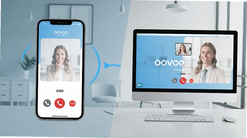 一张展示ooVoo在手机与电脑上同时登录并同步通话的对比图,左侧为手机界面,右侧为电脑界面,背景为现代简约的办公环境,画面突出跨平台同步功能,整体色调明亮,风格写实,包含ooVoo标识。
