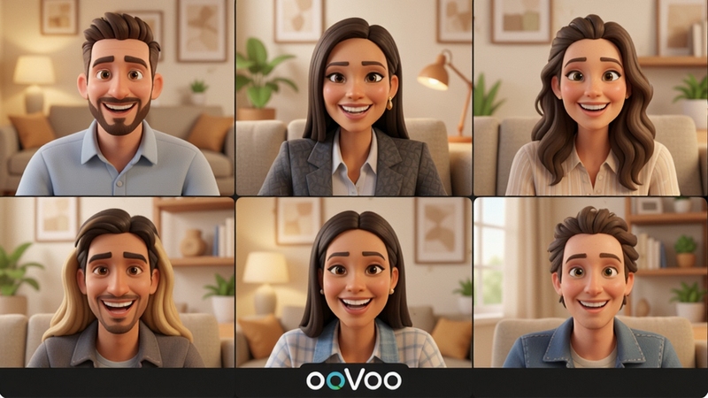 一张展示ooVoo多人视频通话场景的示意图,画面中有六位参与者分布在网格中,每位参与者面带笑容,背景为温馨的客厅或办公室环境,整体色调明亮,突出高清画质与流畅体验,画面下方显示ooVoo品牌标识。