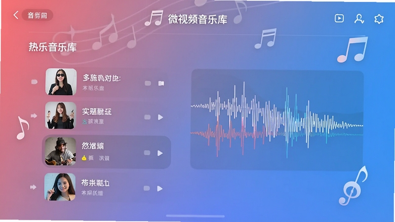 微视频音乐库选择页面,展示热门歌曲列表与波形图,背景为渐变色,音符元素点缀,界面清爽,突出音乐与视频融合的概念