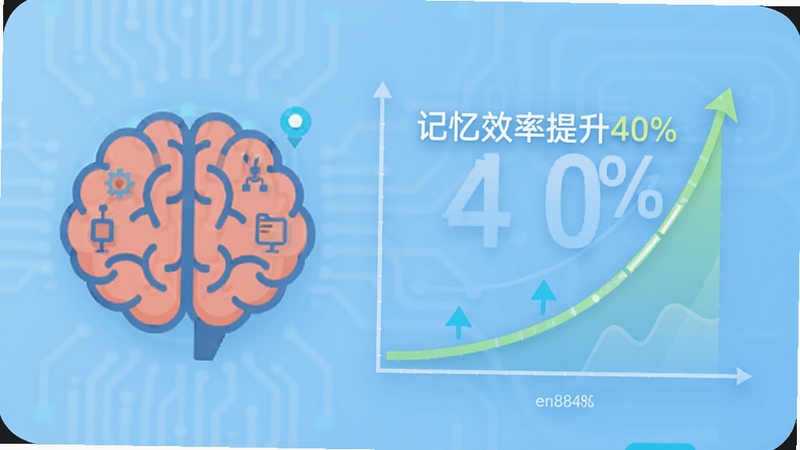 en8848迷你背单词智能记忆曲线示意图,画面左侧是大脑图标,右侧是上升的曲线图,曲线旁标注“记忆效率提升40%”,背景为浅蓝色科技风格,整体简洁直观,突出软件的科学记忆功能,图片中不出现人物,仅用图形元素表达,风格扁平化设计,色彩明快
